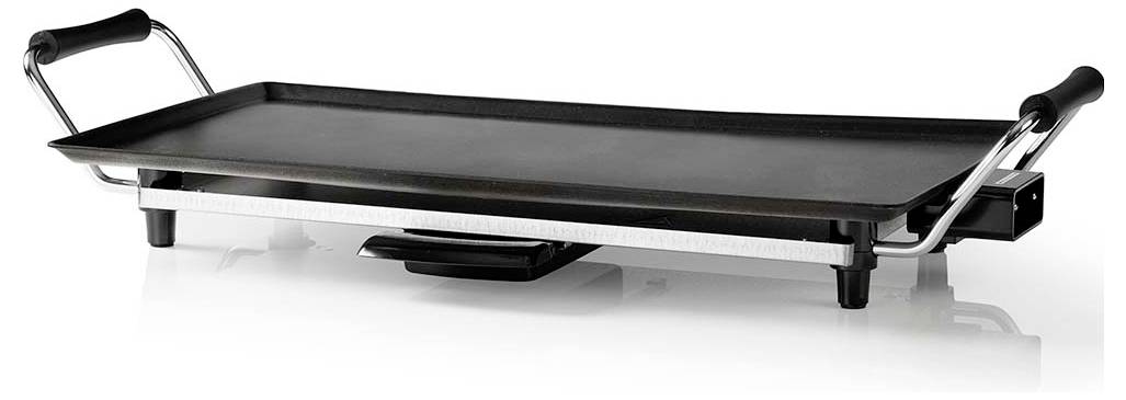 Schwarze rechteckige elektrische Grillplatte mit langer Kochfläche, Seitengriffen, verstellbarer Temperaturregelung und Auffangwanne auf weißem Hintergrund