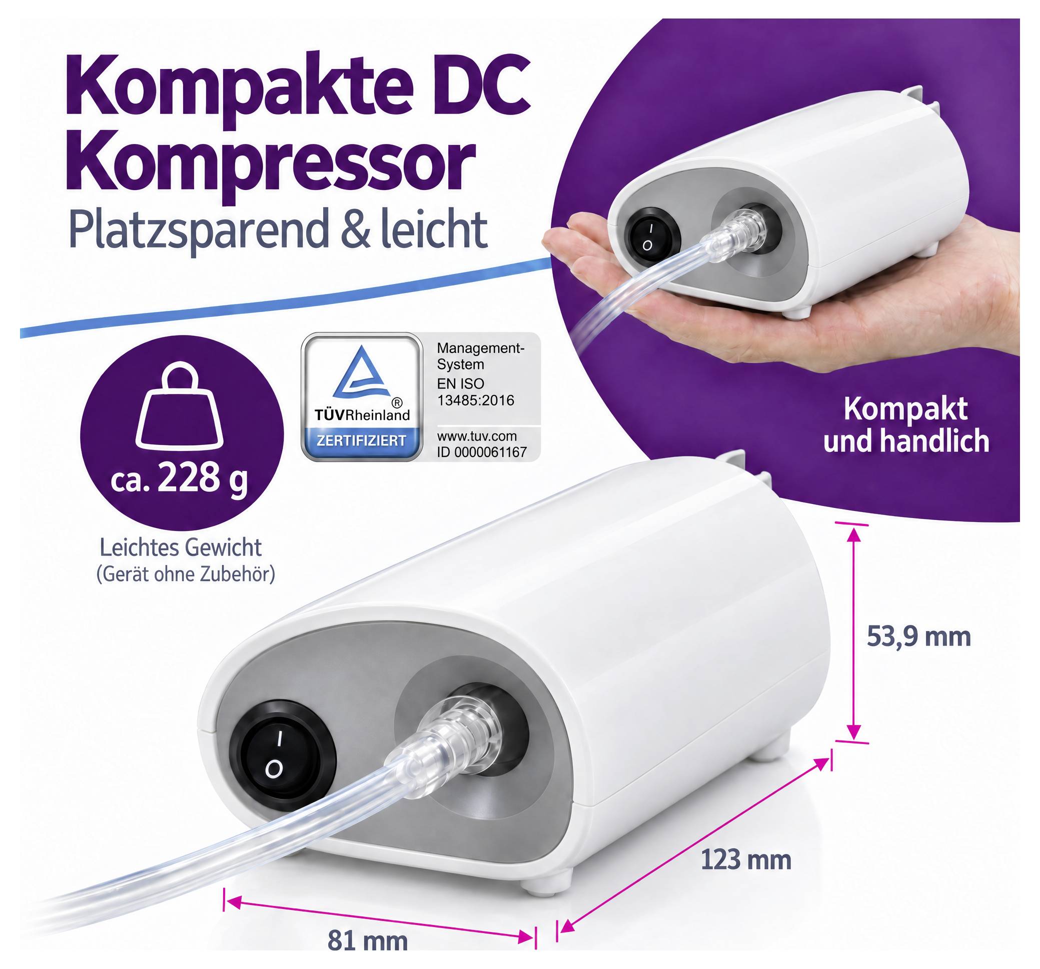 Anzeige für einen kompakten Gleichstrom-Kompressor, gezeigt in einer Hand und in Nahaufnahme, mit Hervorhebung des leichten Designs bei ca. 228 g und den Abmessungen 123 mm x 81 mm x 53,9 mm.