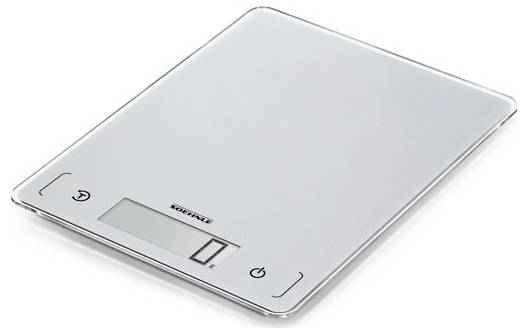 Digitale Küchenwaage aus Edelstahl mit LCD-Display und Touchbuttons auf weißem Hintergrund.