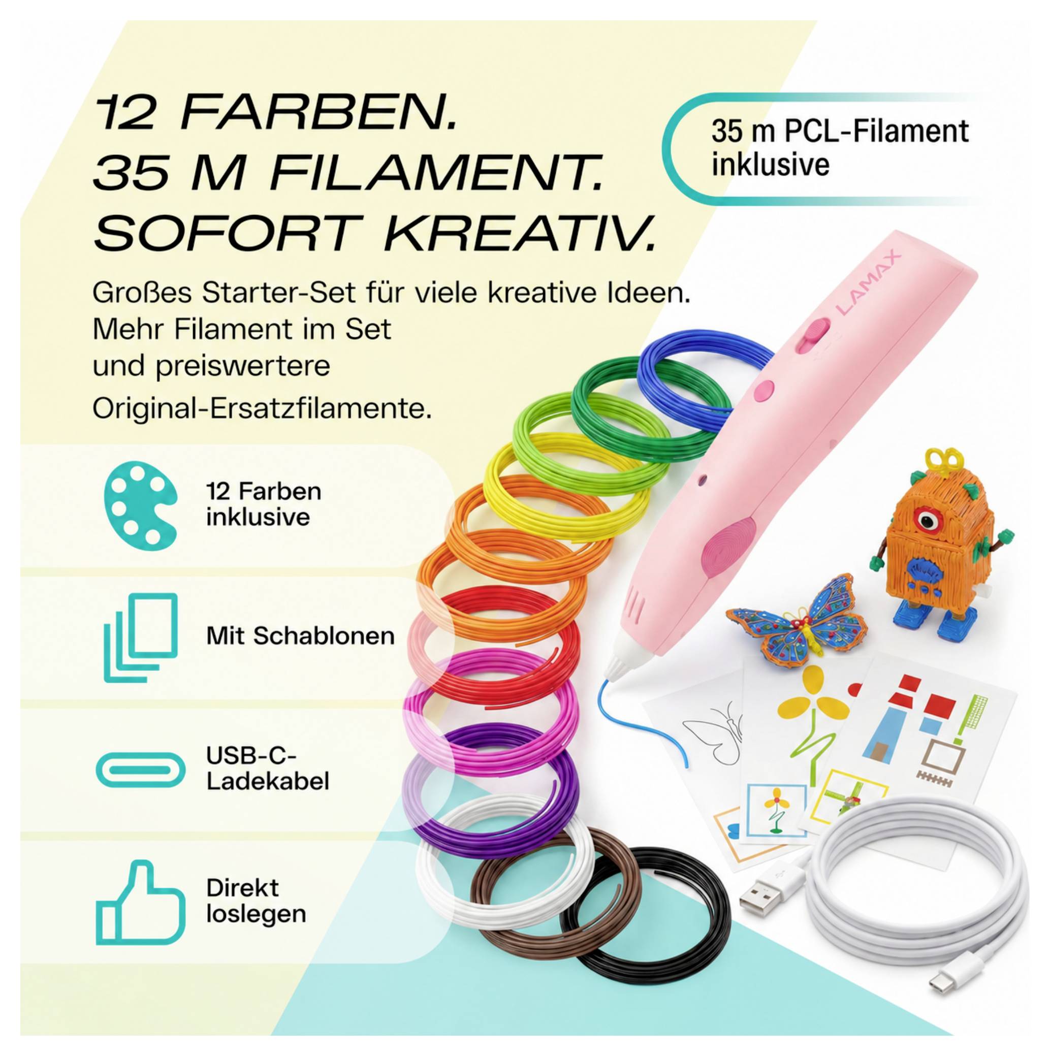 Werbebild eines rosa 3D-Stifter-Starterkits mit 12 Filamentfarben, Schablonen, USB-C-Kabel und bedruckten Musterobjekten; Text lautet „12 Farben. 35 M Filament. Sofort kreativ."