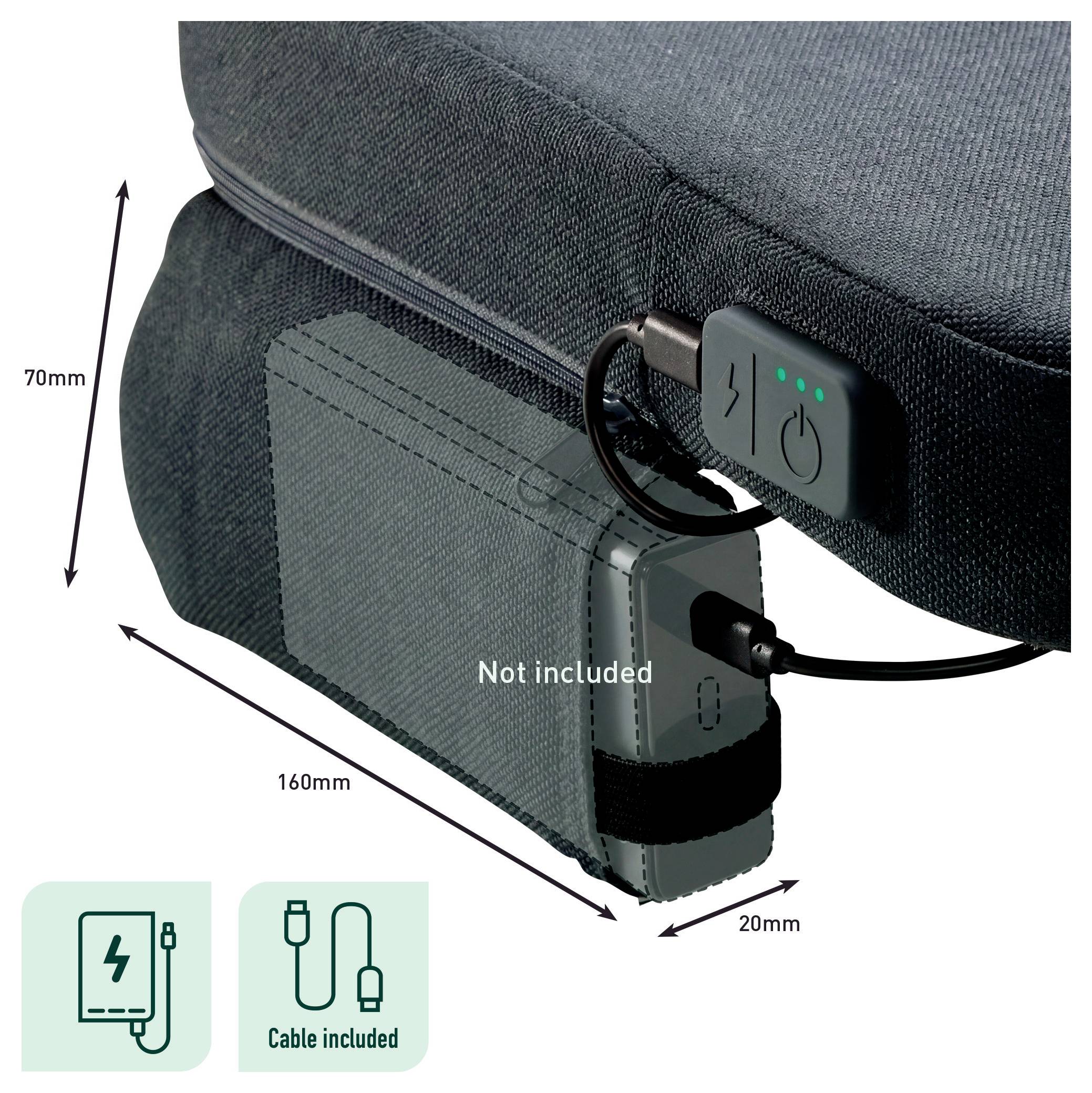 Diagramm eines aufladbaren Geräts unter einem Sofakissen, das einen Platz von 160 mm mal 70 mm mal 20 mm zeigt, mit den Beschriftungen „Kabel enthalten" und „Nicht enthalten".