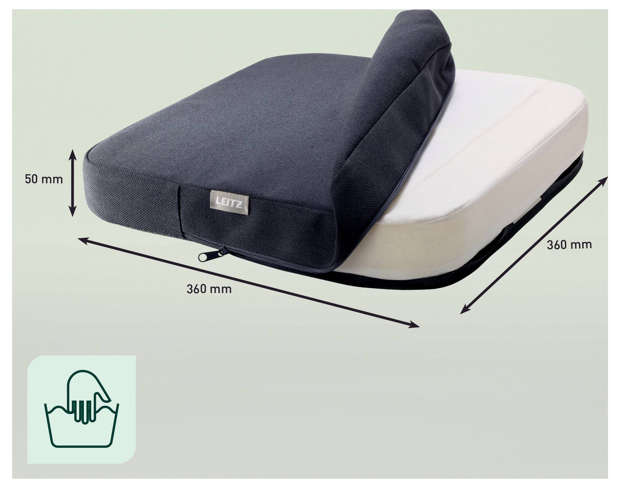 Verstellbares schwarz-weißes Laptop-Ständer-Kissen mit der Bezeichnung 'LEITZ', dargestellt mit den Abmessungen 360 mm x 360 mm und 50 mm Höhe.