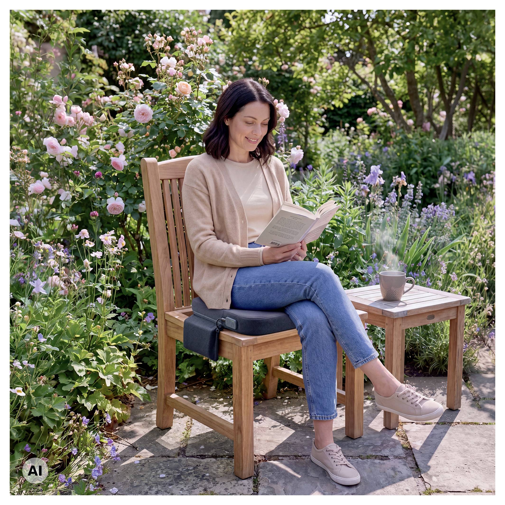 Eine Frau liest ein Buch in einem Garten, sitzt auf einem Holzstuhl neben einem kleinen Tisch mit einer dampfenden Tasse und ist von blühenden Pflanzen umgeben.