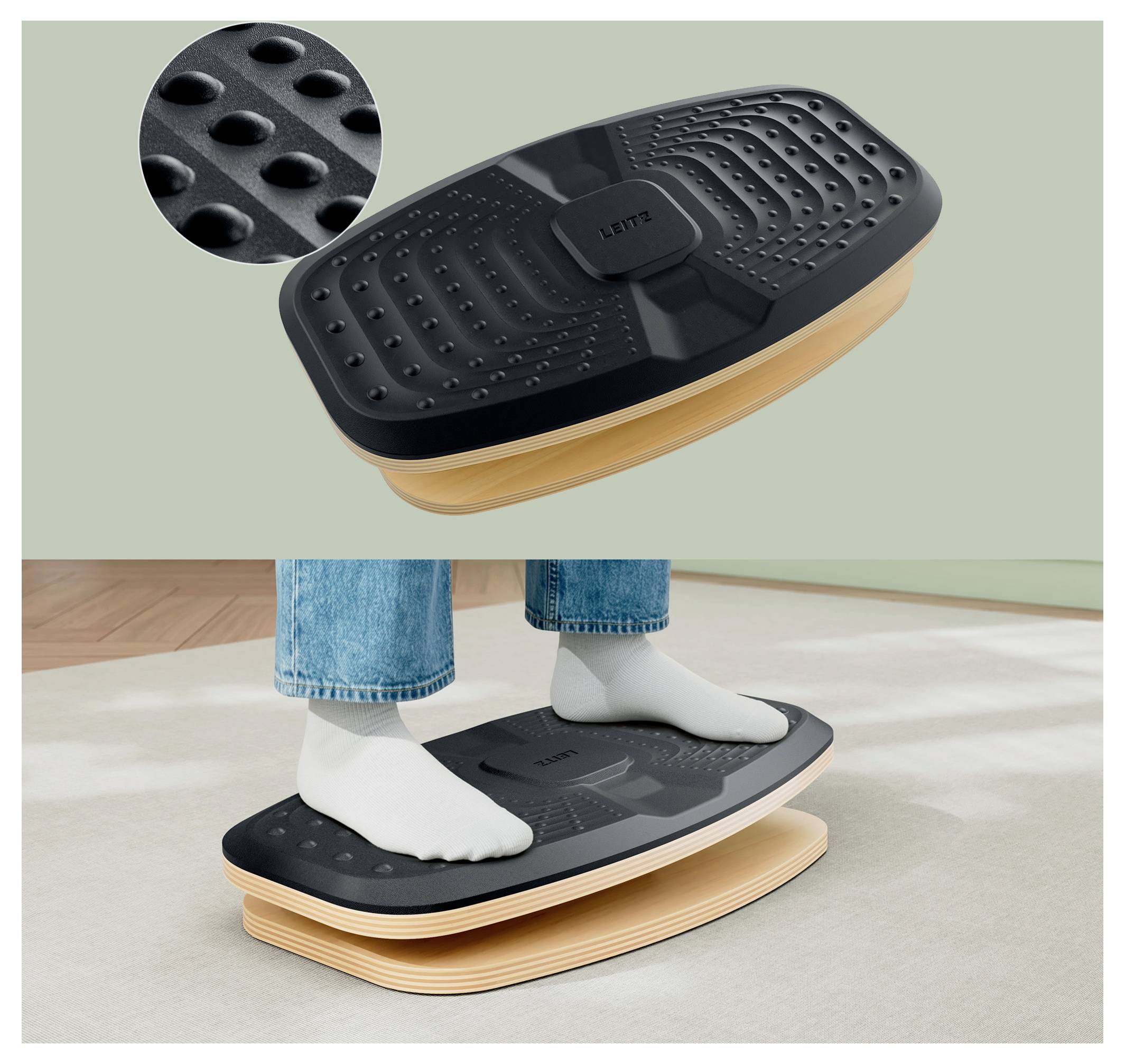 Ein Wackelbrett-Balancetrainer mit einer strukturierten schwarzen Plattform und Holzunterlage, dargestellt mit Füßen, die darauf stehen, und einer Nahaufnahme des Griffbelags.
