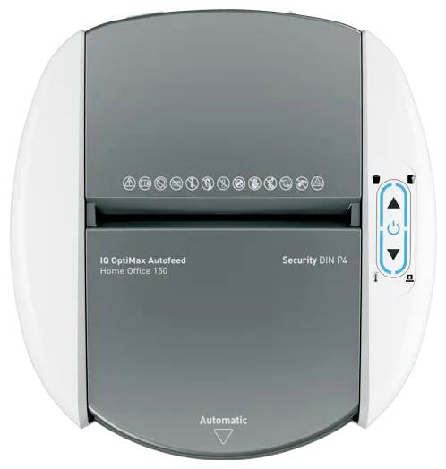 Grau-weißer Papierschredder mit Steuertasten auf der rechten Seite, mit den Beschriftungen „IQ OptiMax AutoFeed Home Office 150" und „Security DIN P4".