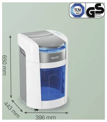 Produktbild eines Leitz-Papierschredders, gezeigt mit Größenabmessungen von 650 mm Höhe, 443 mm Tiefe und 396 mm Breite, sowie TÜV- und GS-Sicherheitslogos.