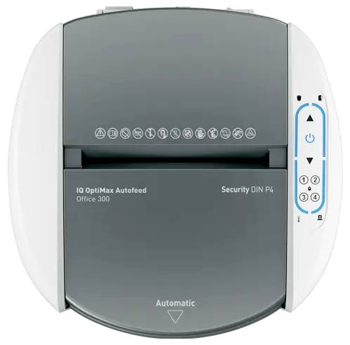 Büropapierzerreißer mit automatischem Einzug, bezeichnet mit „IQ OptiMax Autofeed Office 300" und „Security DIN P4", mit Kontrolltasten auf der rechten Seite.