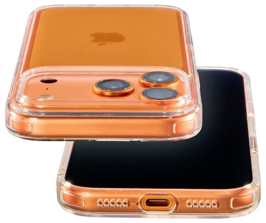 Zwei Smartphones mit orangefarbenem Gehäuse, eines zeigt die Rückseite mit dreifacher Kamera und eines zeigt den schwarzen Bildschirm und den Ladeanschluss.