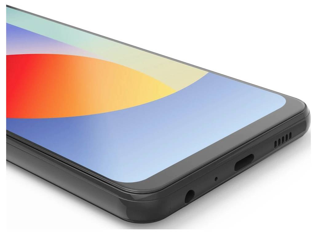 Nahaufnahme einer Smartphone-Ecke in einem schwarzen Gehäuse, auf einem weißen Hintergrund ein farbenfroher abstrakter Bildschirm zeigend.