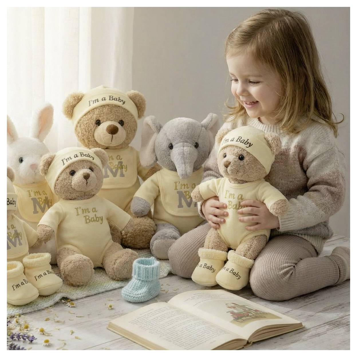Ein lächelndes kleines Mädchen sitzt auf dem Boden und hält einen Teddybären mit der Aufschrift „Ich bin ein Baby", umgeben von passenden Plüschtieren, Babyschuhen und einem aufgeschlagenen Buch.