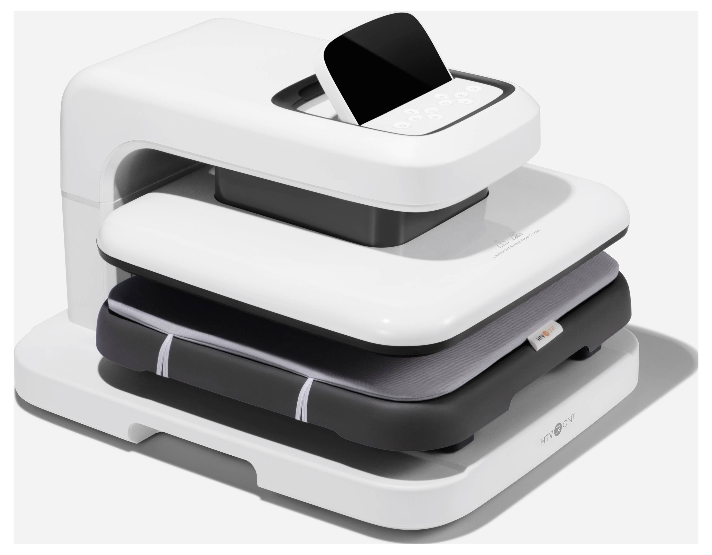 Weißes mehrstufiges faltbares Gerät mit einem auf der Oberseite angedockten Smartphone, das ein geschichtetes, kompaktes Ständer- oder Ladegerät-Design auf weißem Hintergrund zeigt.