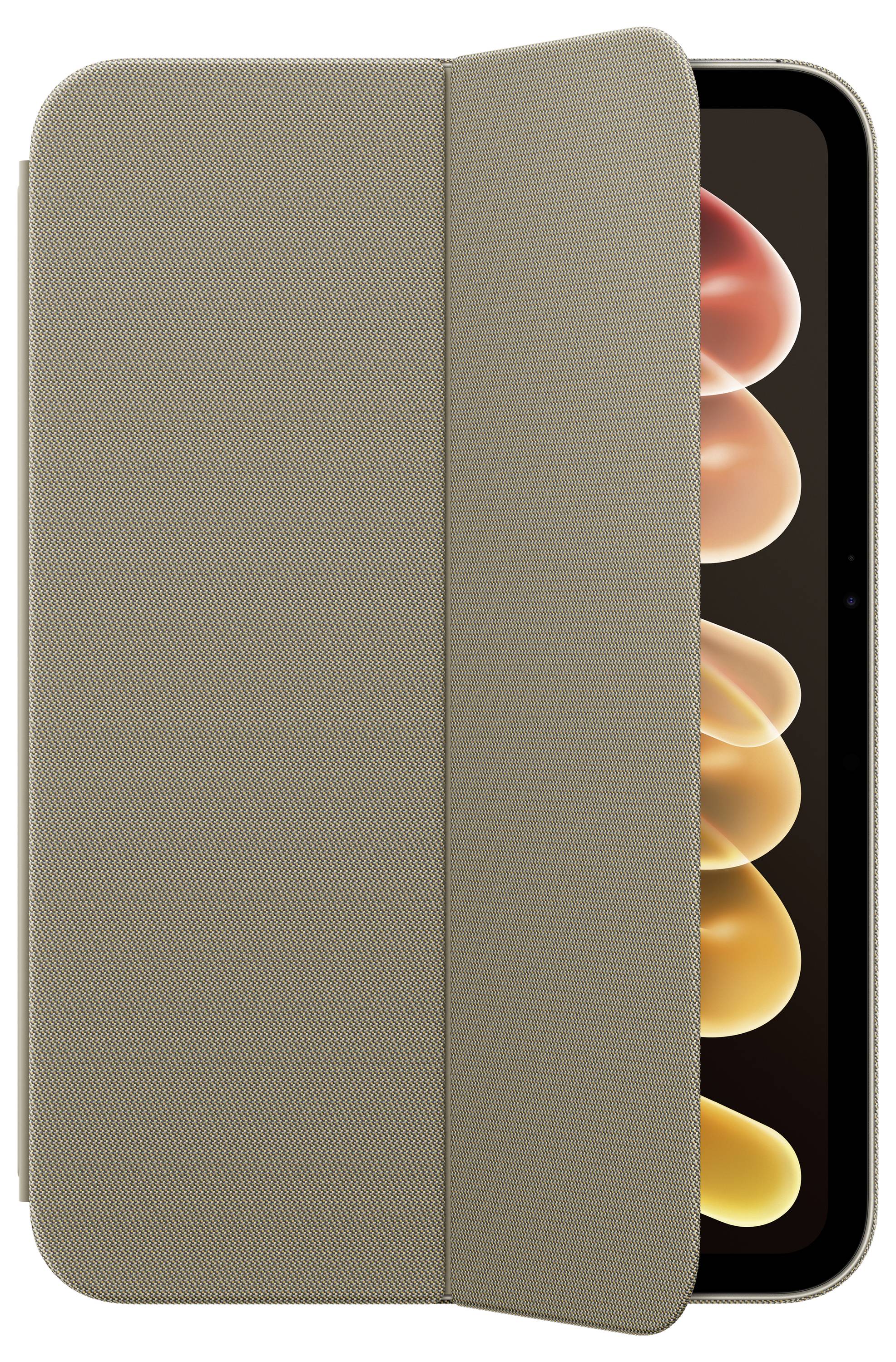 Geschlossene beige Folio-Hülle, die ein schwarzes Tablet oder Smartphone teilweise bedeckt, mit einem farbigen Display, das rechts hervorschaut.