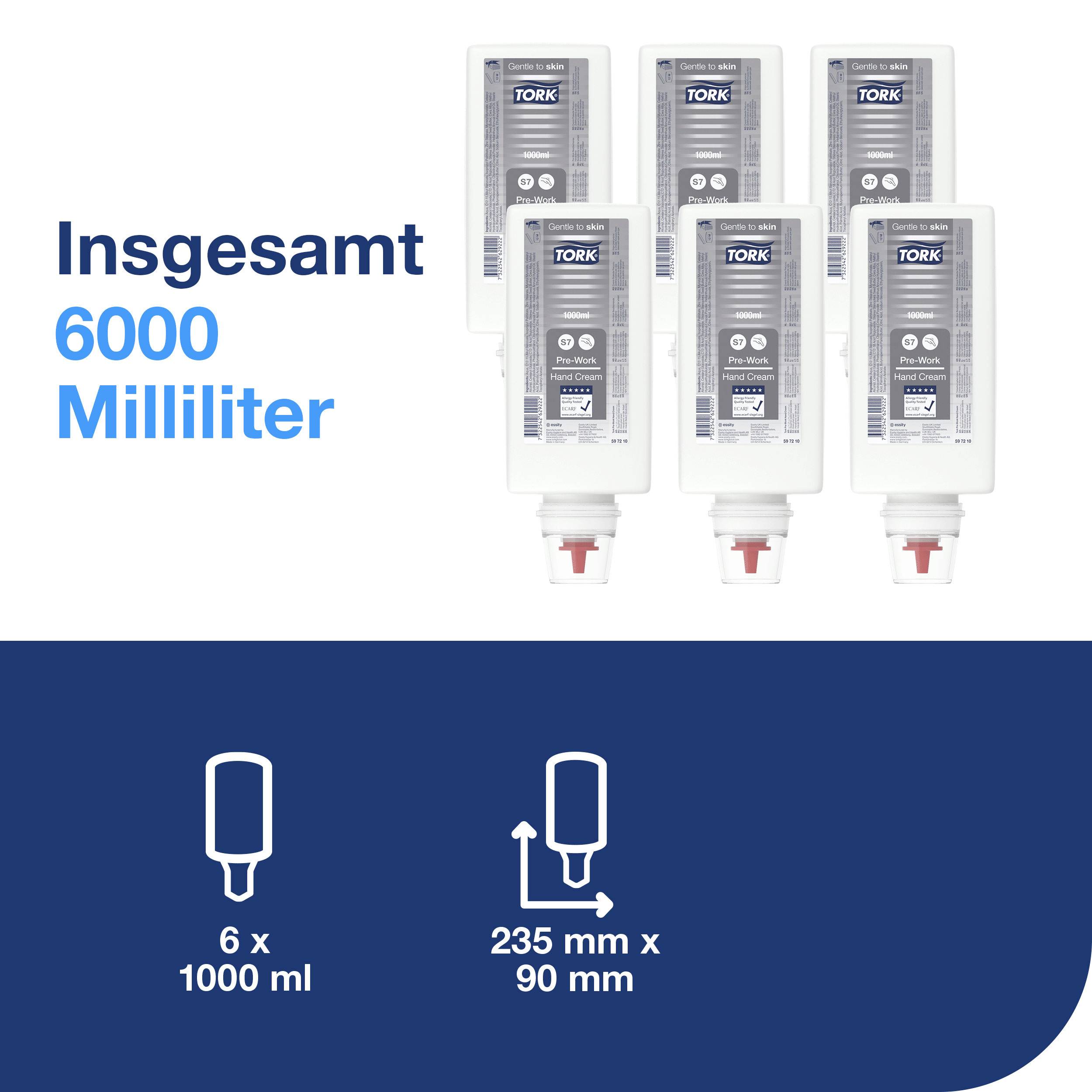 Sechs Tork Seifenspender-Flaschen mit insgesamt 6000 Millilitern, mit Symbolen für 6 x 1000 ml und jeweils 235 mm x 90 mm groß.