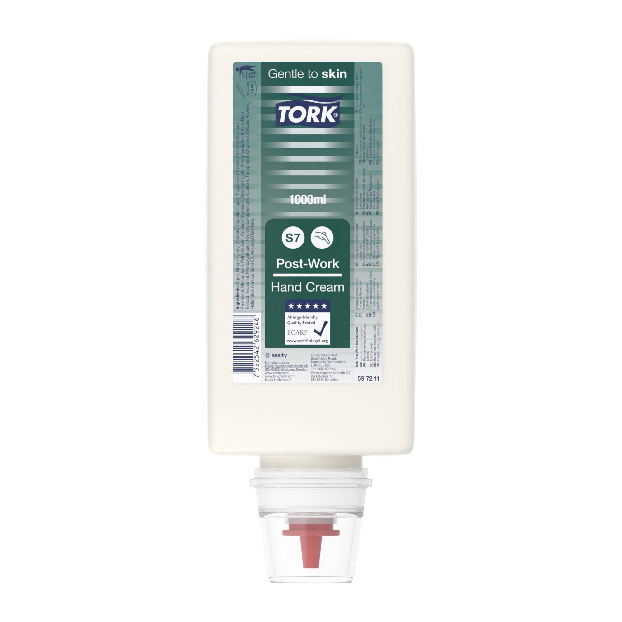 Tork 1000 ml Spender-Flasche „Post-Work Hand Cream“, beschriftet mit „Gentle to skin“ und „S7“.