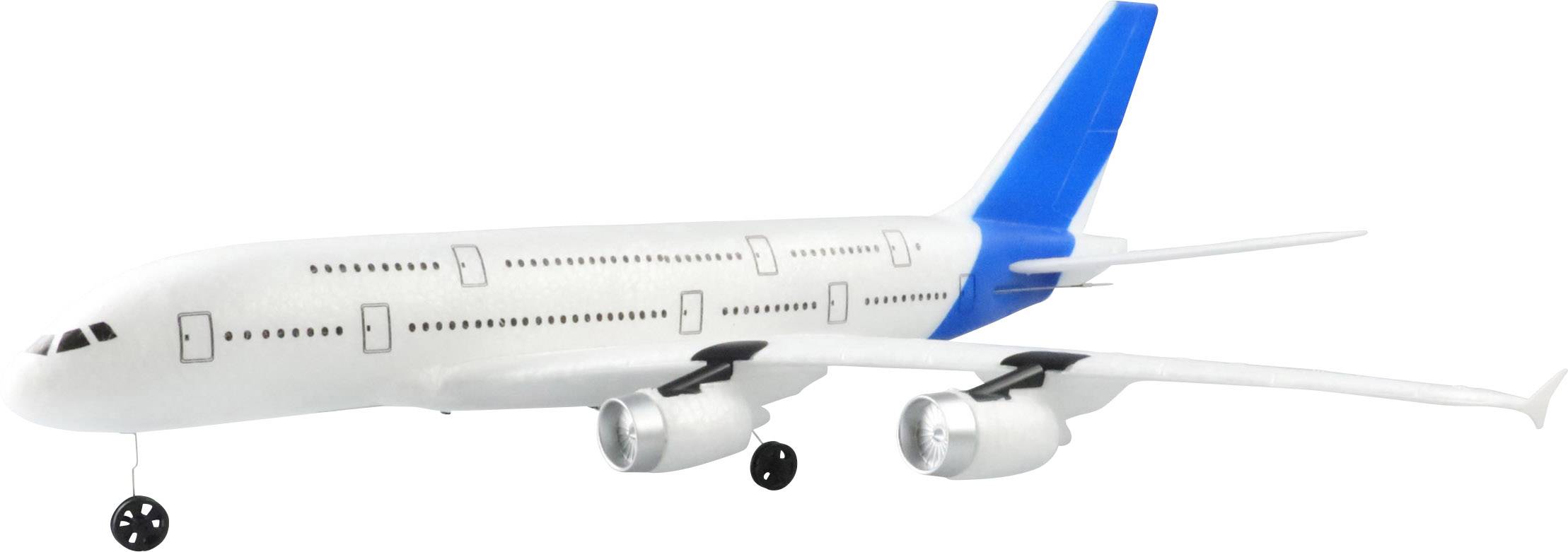 Ein Modellflugzeug mit weißem Rumpf und blauen Heckflossen wird gezeigt, mit Fahrwerk und Turbinen sichtbar.