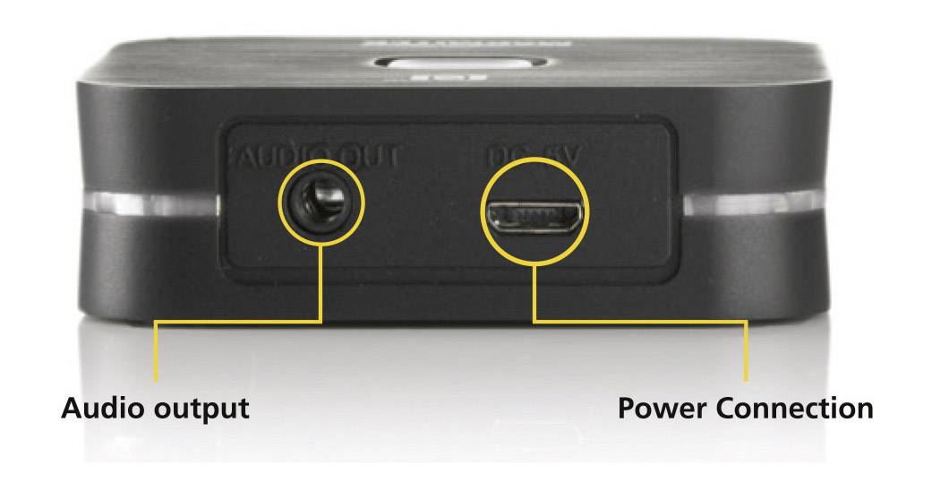 Ein schwarzes elektronisches Gerät mit zwei Anschlüssen: 'Audio output' links und 'Power Connection' rechts.