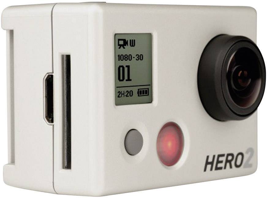 Weiße Action-Kamera mit einem Objektiv, kleinem Display und der Aufschrift 'HERO2' an der Seite.