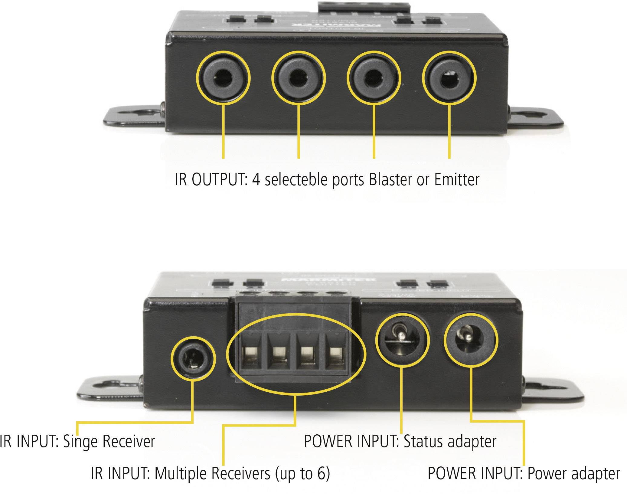 Ein elektronisches Gerät mit verschiedenen Eingangs- und Ausgangsports für IR-Receiver, Blaster, Emitter und Stromadapter.