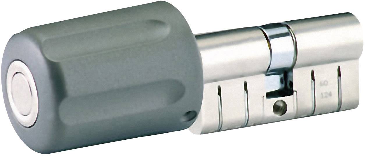 Ein elektronischer Türzylinder mit grauem Drehknauf und metallischem Schließmechanismus, verwendet für Sicherheit und Zugangskontrolle.