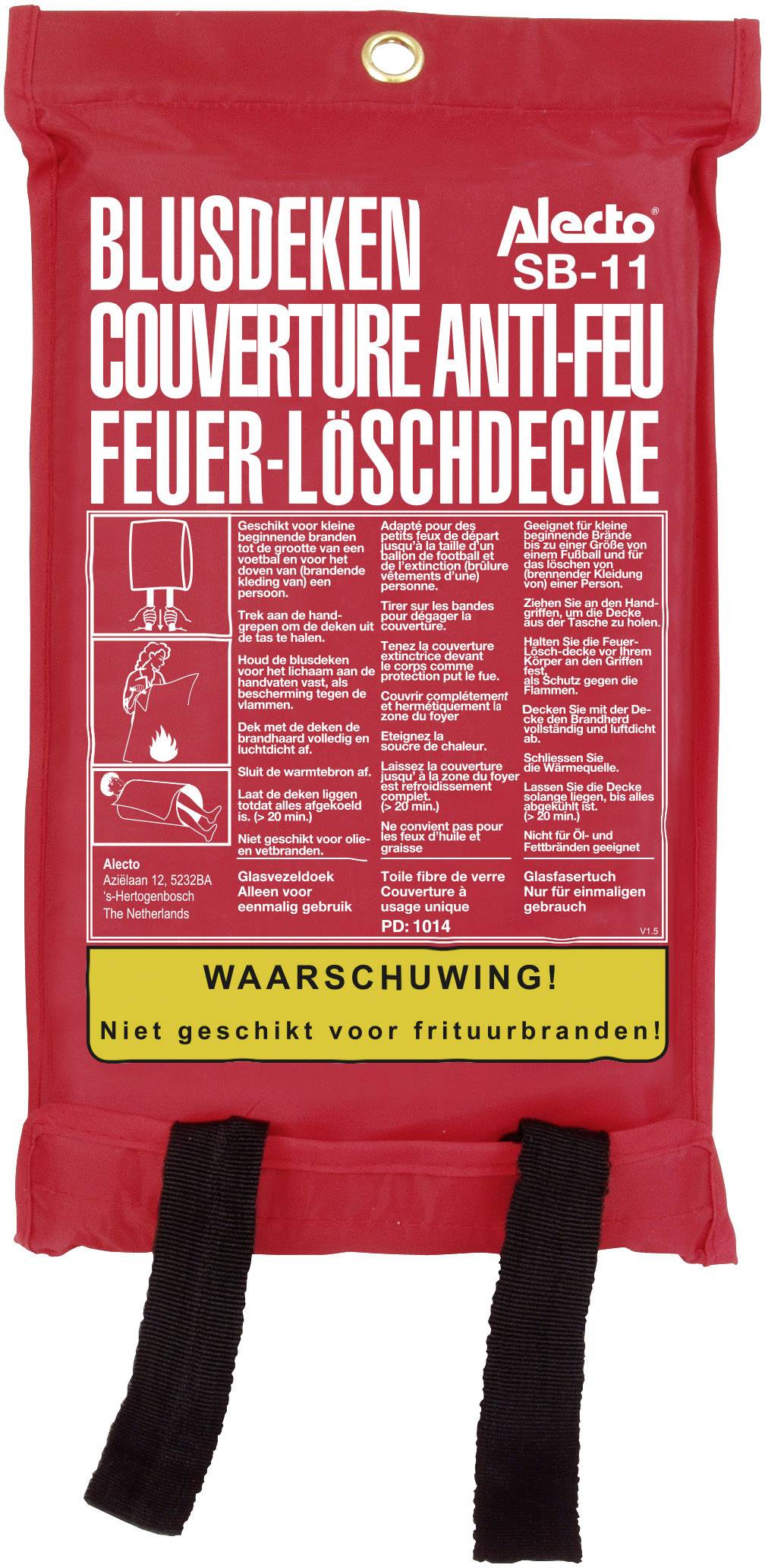 Rote Feuerlöschdecke in Verpackung mit Bedienungsanleitung auf Niederländisch und Englisch. Warnung: Nicht für Fettbrände geeignet.