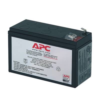 APC-Batterie in rechteckiger Form, mit schwarzen und weißen Oberflächen. Label zeigt Warnhinweise und Kontaktinformationen.