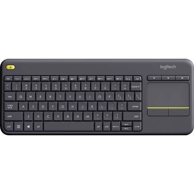 Eine schwarze, kabellose Tastatur mit integriertem Touchpad auf der rechten Seite, geeignet für Multimedia-Geräte.