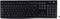Schwarze kabellose Computertastatur mit vollständigem Tastenlayout, einschließlich Ziffernblock und Funktionstasten, daneben ein USB-Dongle.