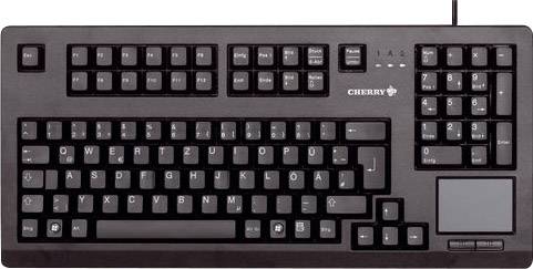 Schwarze Computertastatur mit QWERTZ-Layout und Nummernblock, Anschlusskabel oben.
