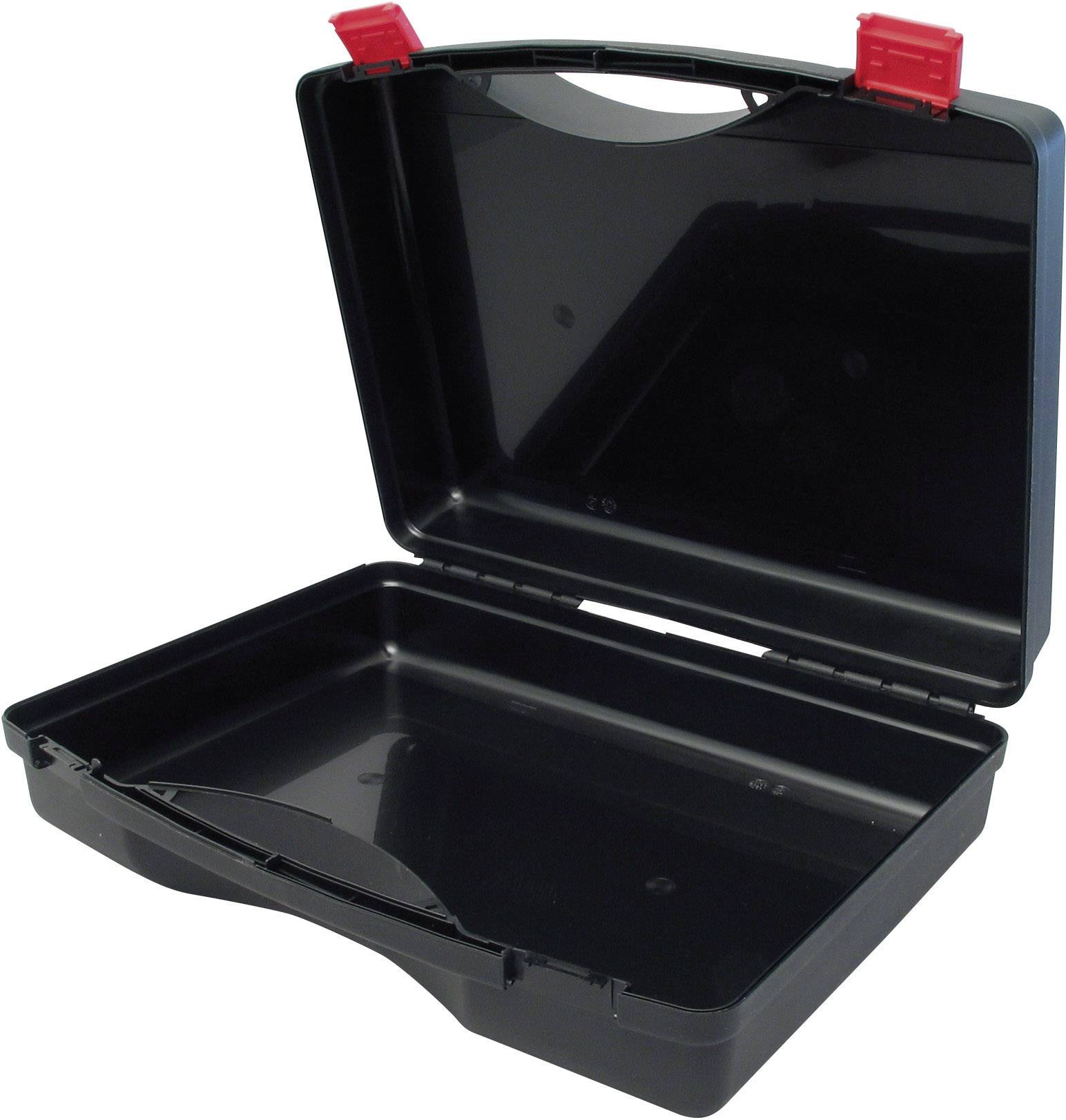 'Ein leerer, offener schwarzer Kunststoffkoffer mit zwei roten Verschlüssen, geeignet für das sichere Aufbewahren von Werkzeugen oder Kleinteilen.'