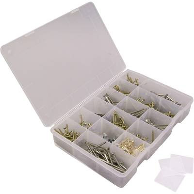 Kunststoffbox mit einzelnen Fächern, gefüllt mit Schrauben und Haken in verschiedenen Größen und Materialien.