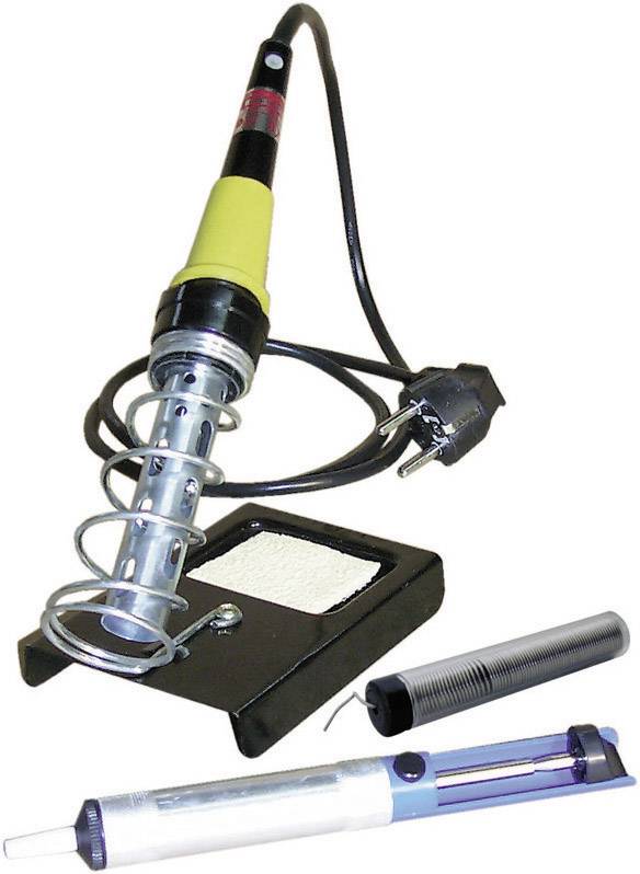 Ein Lötkolben-Set mit Halterung, Schwamm und Lötpumpe, geeignet für elektronische Reparaturen und Lötarbeiten.
