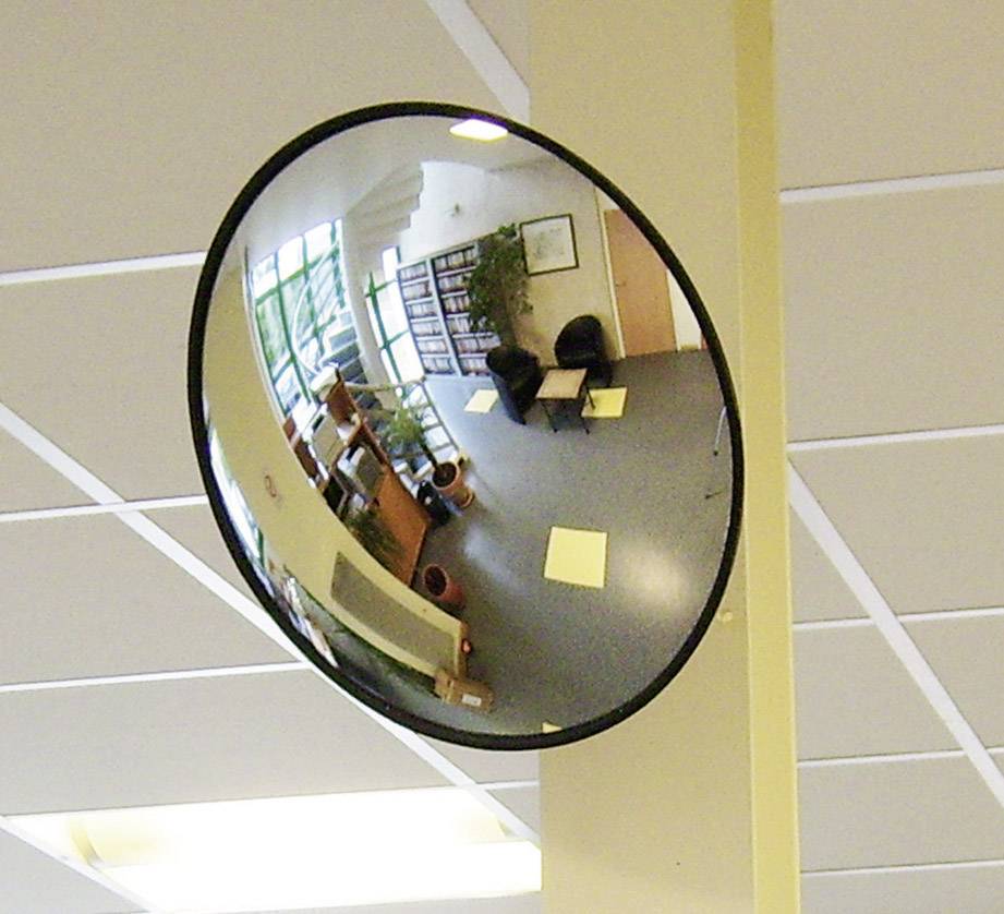 Ein runder, konvexer Spiegel in einem Innenraum zeigt eine Leselounge mit Büchern, Pflanzen und Sesseln in einer Ecke.