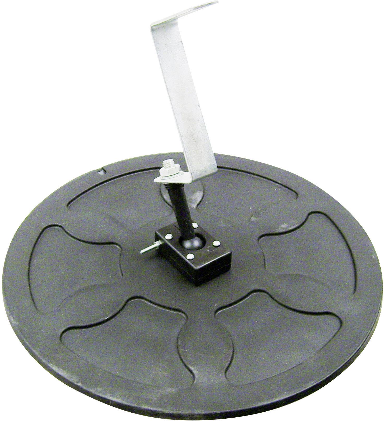 Eine runde schwarze Pflugscheibe aus Metall mit einem zentralen Befestigungsmechanismus und einem oberen Metallhaken.