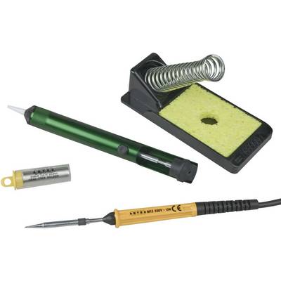 Lötkolben-Set mit Lötkolben, Lötzinn, Entlötpumpe und Lötschwamm auf einem Ständer. Werkzeuge für Elektronikreparaturen.