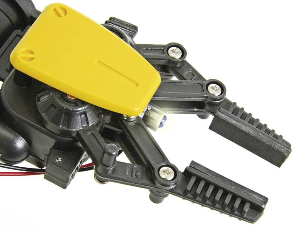 'Roboterarm mit schwarzem Greifer und gelbem Abdeckungsmodul, zeigt mechanische Finger mit gezacktem Design.'