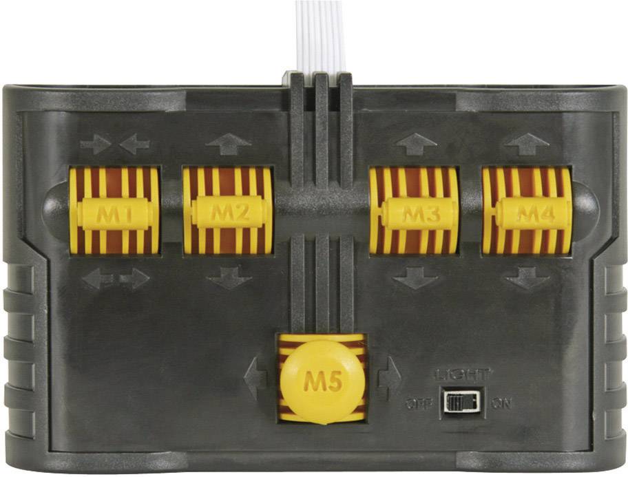 '5-Kanäle-Signalverteiler mit gelben und roten Anschlüssen, gekennzeichnet als M1 bis M5, auf schwarzer Basis. Reset-Schalter unten.'