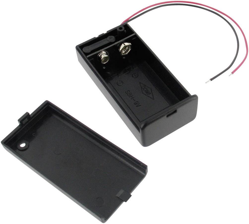 Geöffnete schwarze Batteriehalterung für 9V-Batterie mit abnehmbaren Deckel und zwei herausragenden Kabeln für Anschluss.