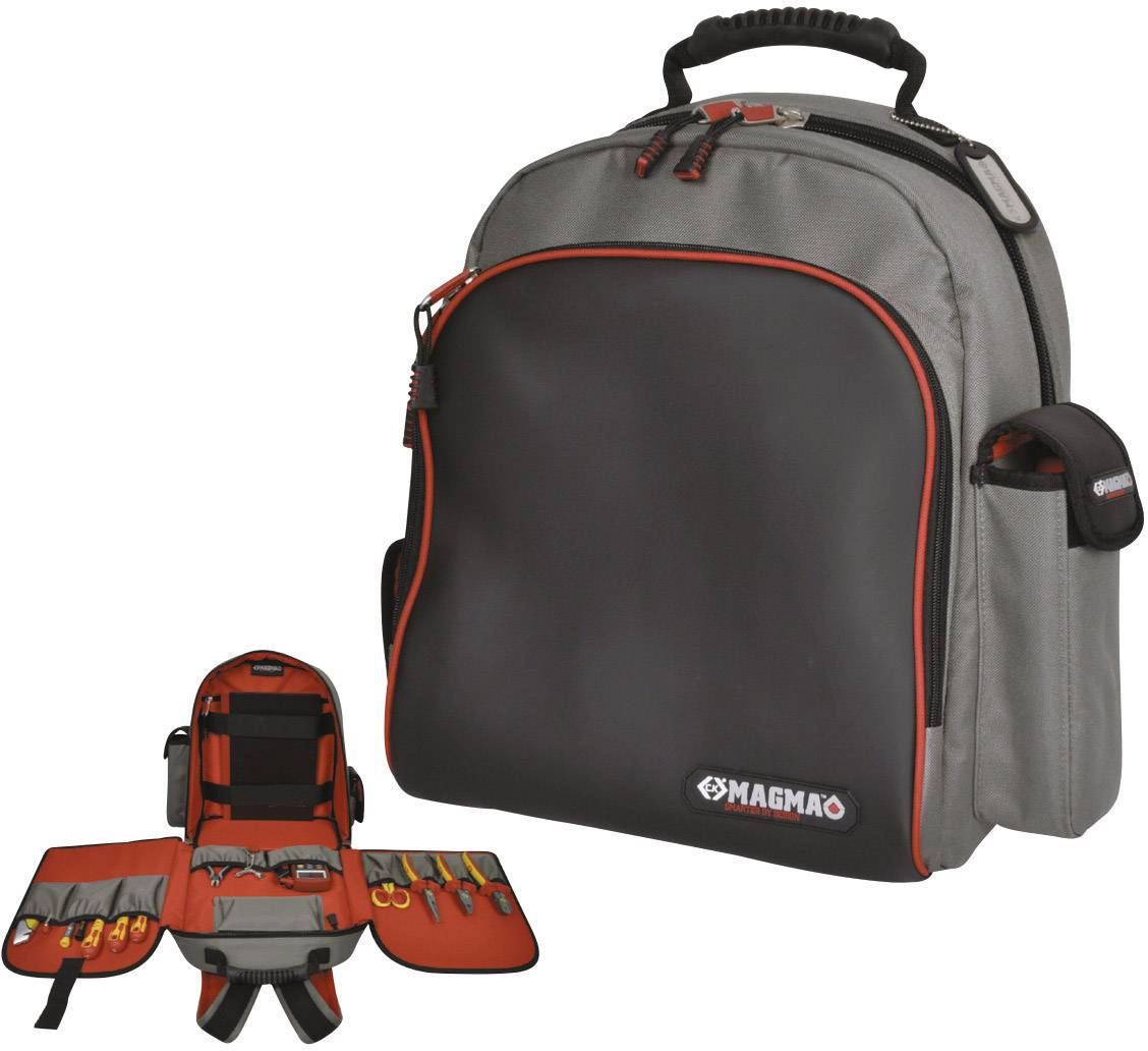 Werkzeugtasche aus grauem und schwarzem Material mit roten Akzenten. Geöffnet zeigt sie mehrere Fächer und Schlaufen für Werkzeuge.