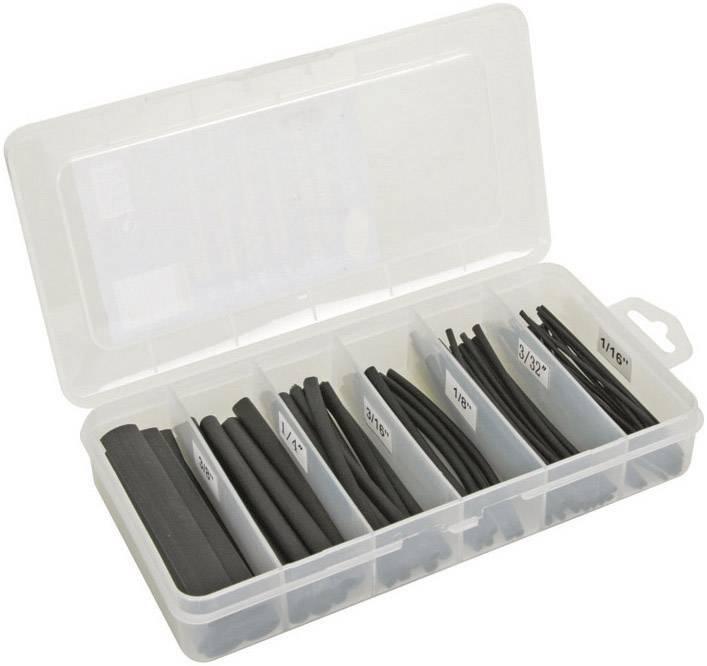 Kunststoffbox mit sechs Fächern, gefüllt mit schwarzen Schrumpfschläuchen in unterschiedlichen Durchmessern.
