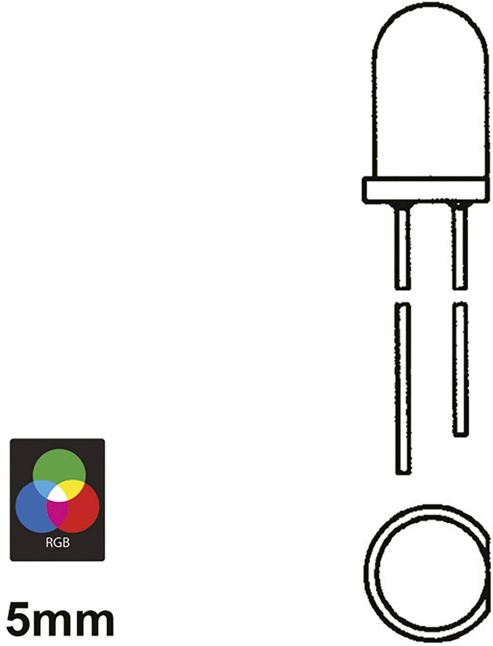 'Skizze einer 5mm LED, zeigt Rundansicht und Seitenansicht mit zwei Anschlüssen. RGB-Farbrad-Icon unten links.'