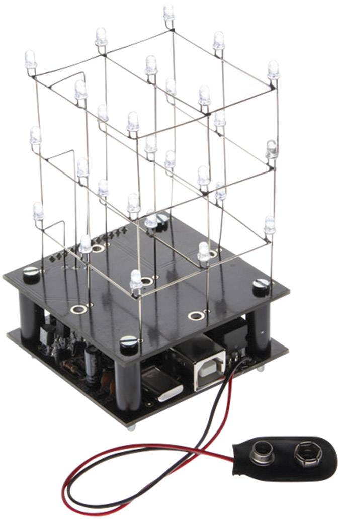 LED-Würfel mit 4x4x4 Anordnung auf einer Platine, verbunden mit Drähten und Batteriefach. Elektronikbausatz zur Lichtanimation.