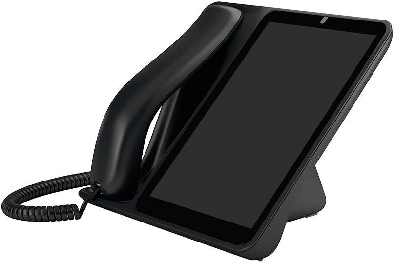 Ein modernes Tischtelefon mit großem Touchscreen, kombiniert mit einem Hörer, ideal für Büroumgebungen.