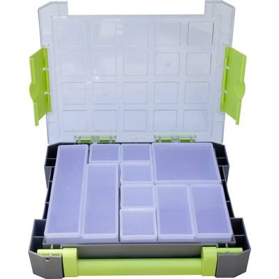 Eine offene Sortierbox aus Kunststoff mit grünen Griffen zeigt mehrere leere Fächer in verschiedenen Größen für Kleinteile.