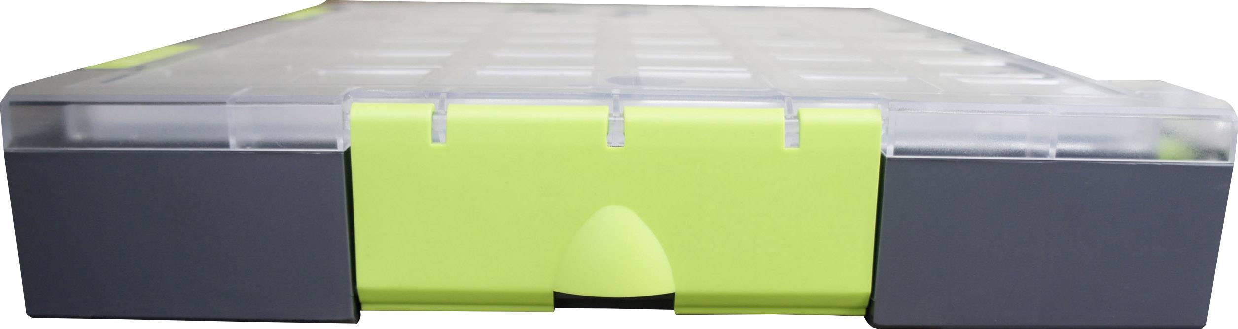 Quadratische, flache, transparente Kunststoffbox mit schwarzem und grünem Rand, geeignet zur Aufbewahrung oder Organisation von Gegenständen.