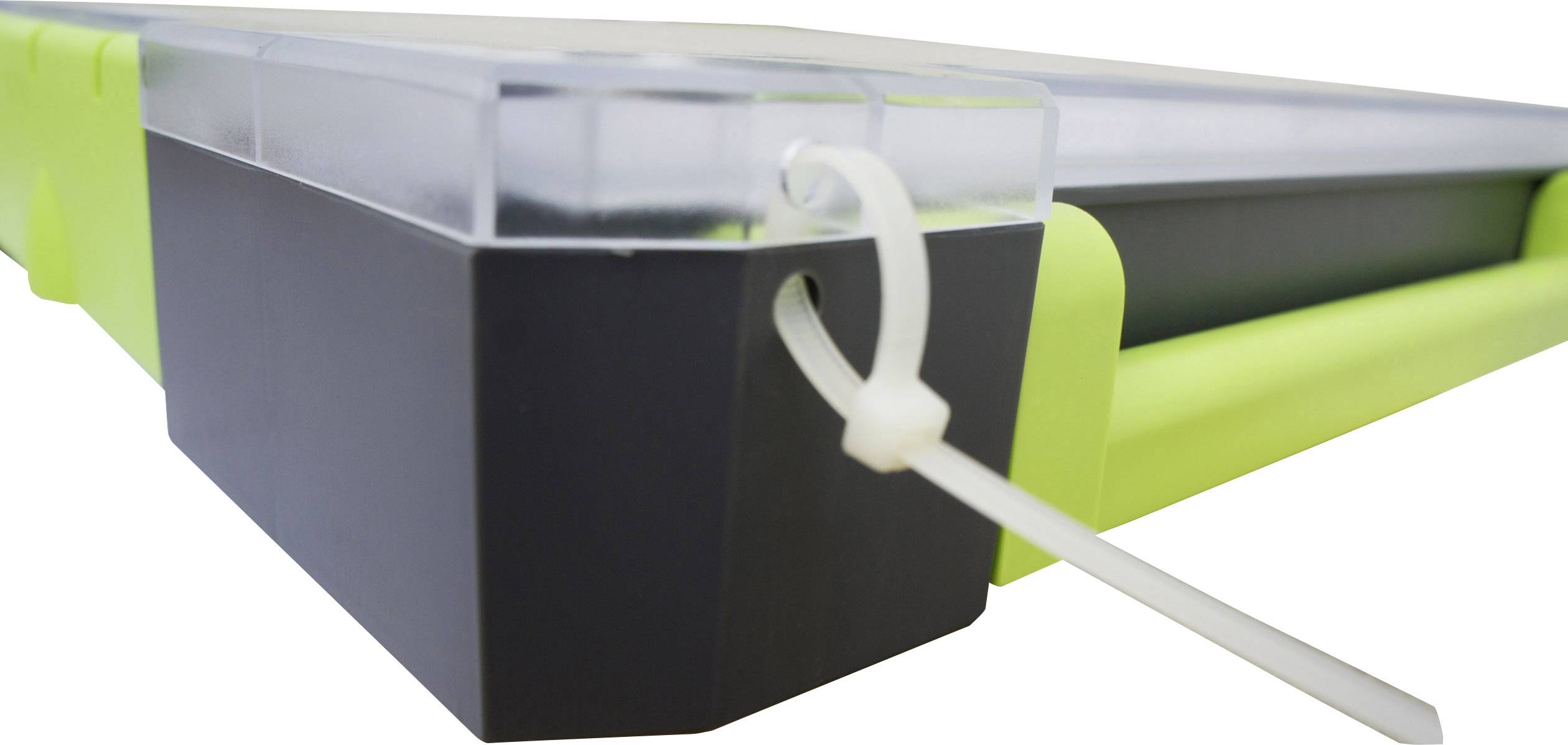 Ein Kunststoffbehälter mit durchsichtigem Deckel und Kabelbinder, möglicherweise zur Sicherung oder Lagerung verwendet.