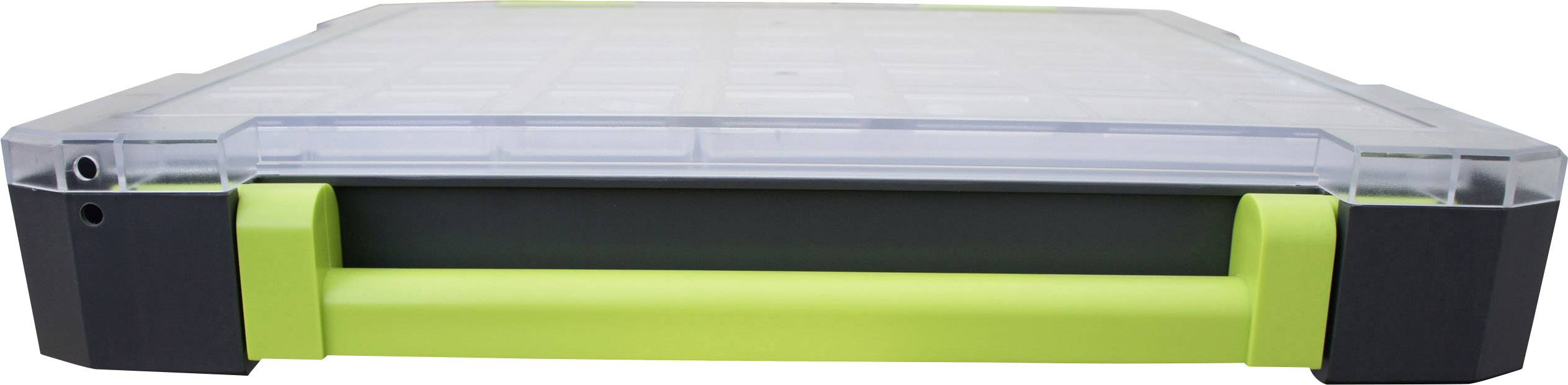 Ein flacher, durchsichtiger Kunststoffbehälter mit grünem Tragegriff, geeignet zur Aufbewahrung von Werkzeug oder Kleinteilen.