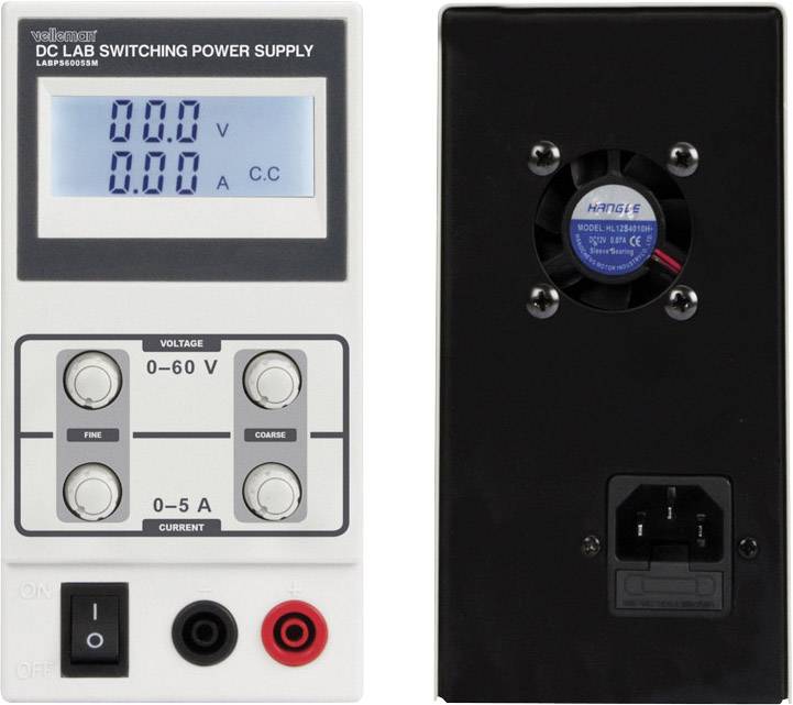 Labornetzgerät mit digitaler Anzeige für Spannung und Strom. Links Knöpfe zur Einstellung von 'FINE' und 'COARSE' Spannung (0-60V) und Strom (0-5A).