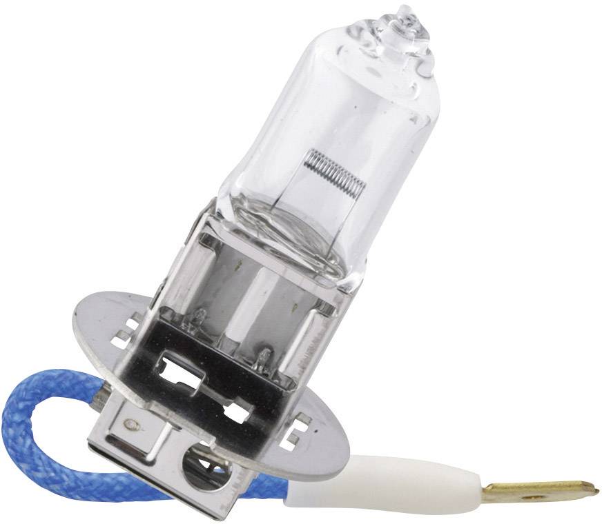 Halogenlampe mit Metallbasis und blauem Kabel, geeignet für Autoscheinwerfer. Sie ist transparent und hat eine Glühwendel im Inneren.