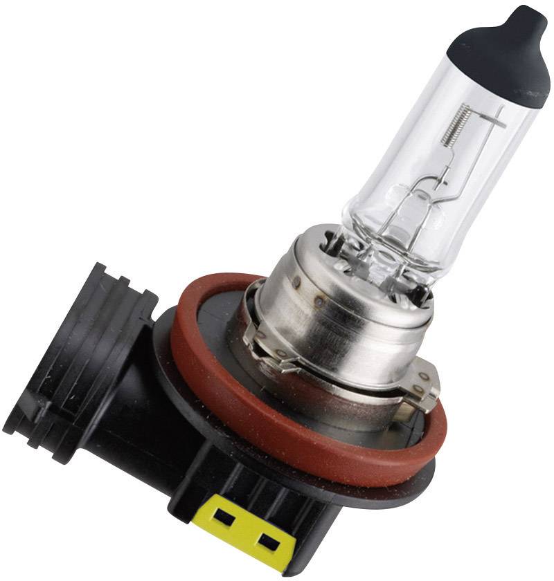 Eine Halogenlampe mit schwarzem Anschluss und rotem Dichtring, geeignet für Fahrzeuge, zur effizienten Beleuchtung.