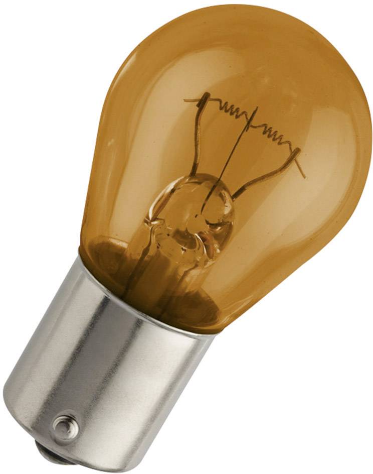 Eine orangefarbene Glühbirne mit Metallfassung, Darstellung eines Leuchtmittels in Standardgröße.